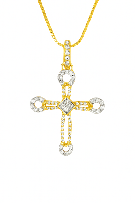 10K Yellow Gold Diamond Cross Charm Necklace Two-Tone Round Brilliant 0.23 CTW