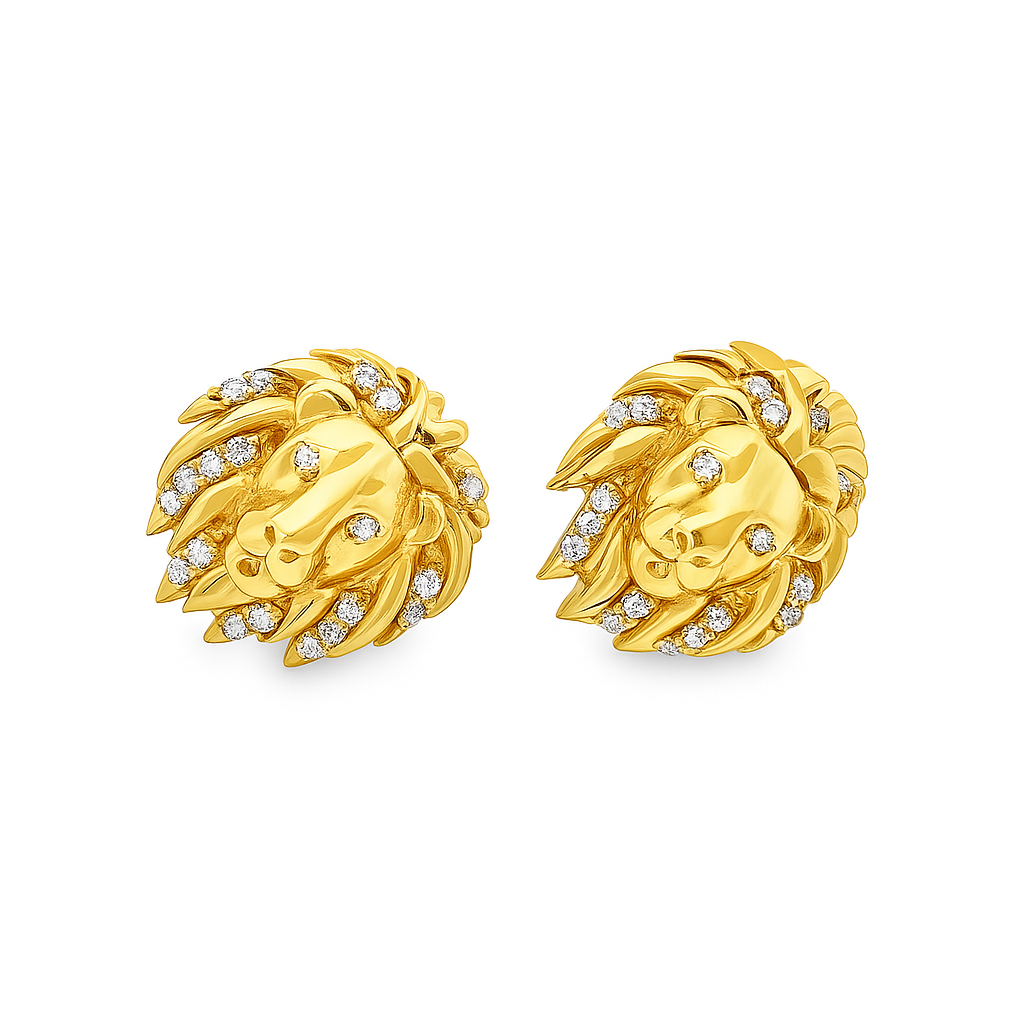 10K Yellow Gold Diamond Lion Head Stud Earrings | 1/12 CTW | Jewelry Palace