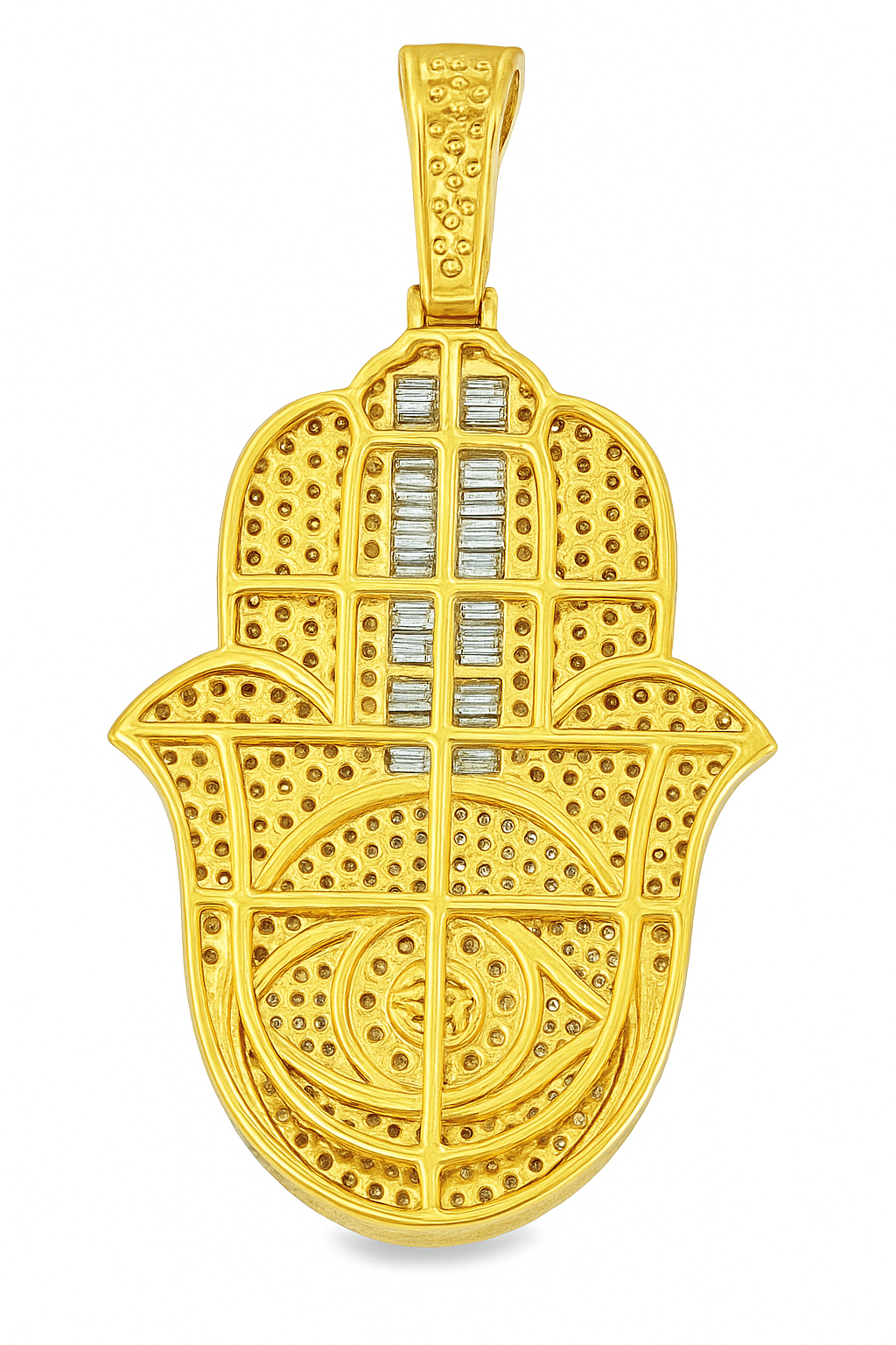 10K Yellow Gold Diamond Hamsa Hand Pendant 2.62 ctw | Round Brilliant & Baguette Diamonds