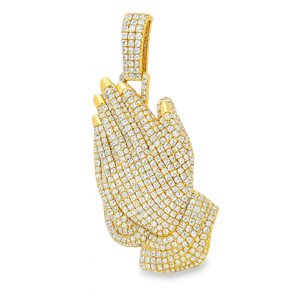 10K Yellow Gold Diamond Praying Hands Pendant 5.50 ctw | Iced-Out Faith Charm