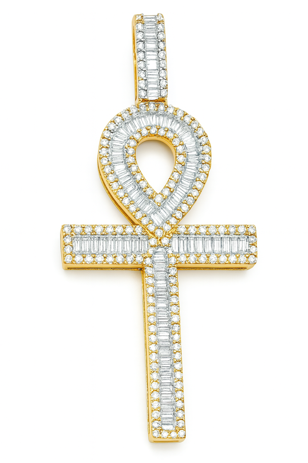 10K Yellow Gold Diamond Ankh Pendant 2.50 ctw | Baguette Cut Design