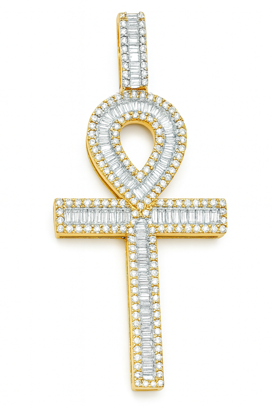 10K Yellow Gold Diamond Ankh Pendant 2.50 ctw | Baguette Cut Design