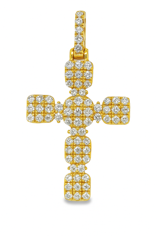 10K Yellow Gold Diamond Cross Pendant 1.60 ctw | Cluster-Set Round Diamonds