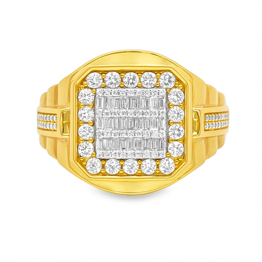 Men’s 10K Yellow Gold Diamond Baguette Ring 1.00 CTW | Square Cluster Iced-Out Ring | Jewelry Palace