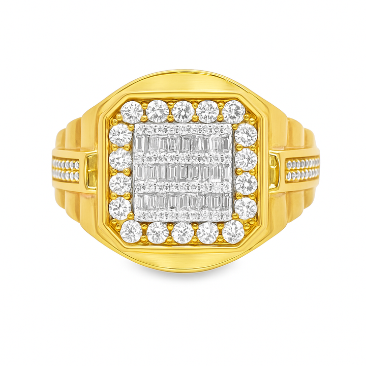 Men’s 10K Yellow Gold Diamond Baguette Ring 1.00 CTW | Square Cluster Iced-Out Ring | Jewelry Palace