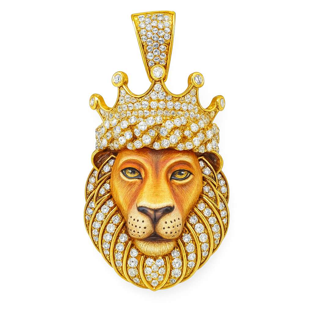 10K Yellow Gold Diamond Lion Pendant with Crown 1.75 ctw | Iced Out King Pendant for Men – Jewelry Palace