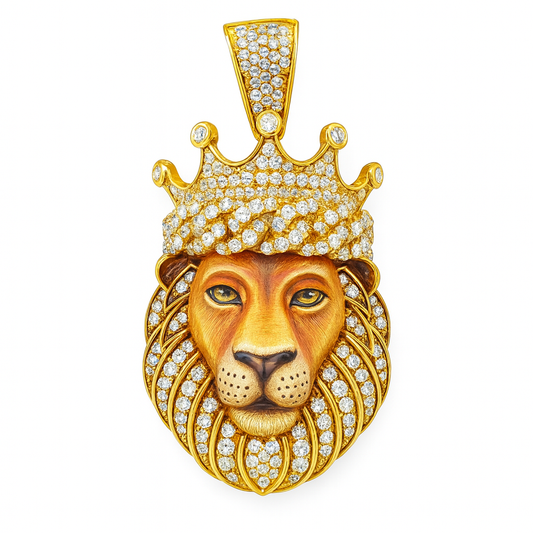 10K Yellow Gold Diamond Lion Pendant with Crown 1.75 ctw | Iced Out King Pendant for Men – Jewelry Palace