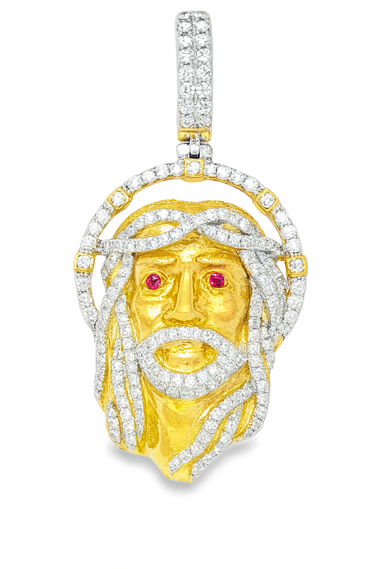 10K Yellow Gold Diamond Jesus Face Pendant 1.00 ctw with Ruby Eyes | Religious Charm