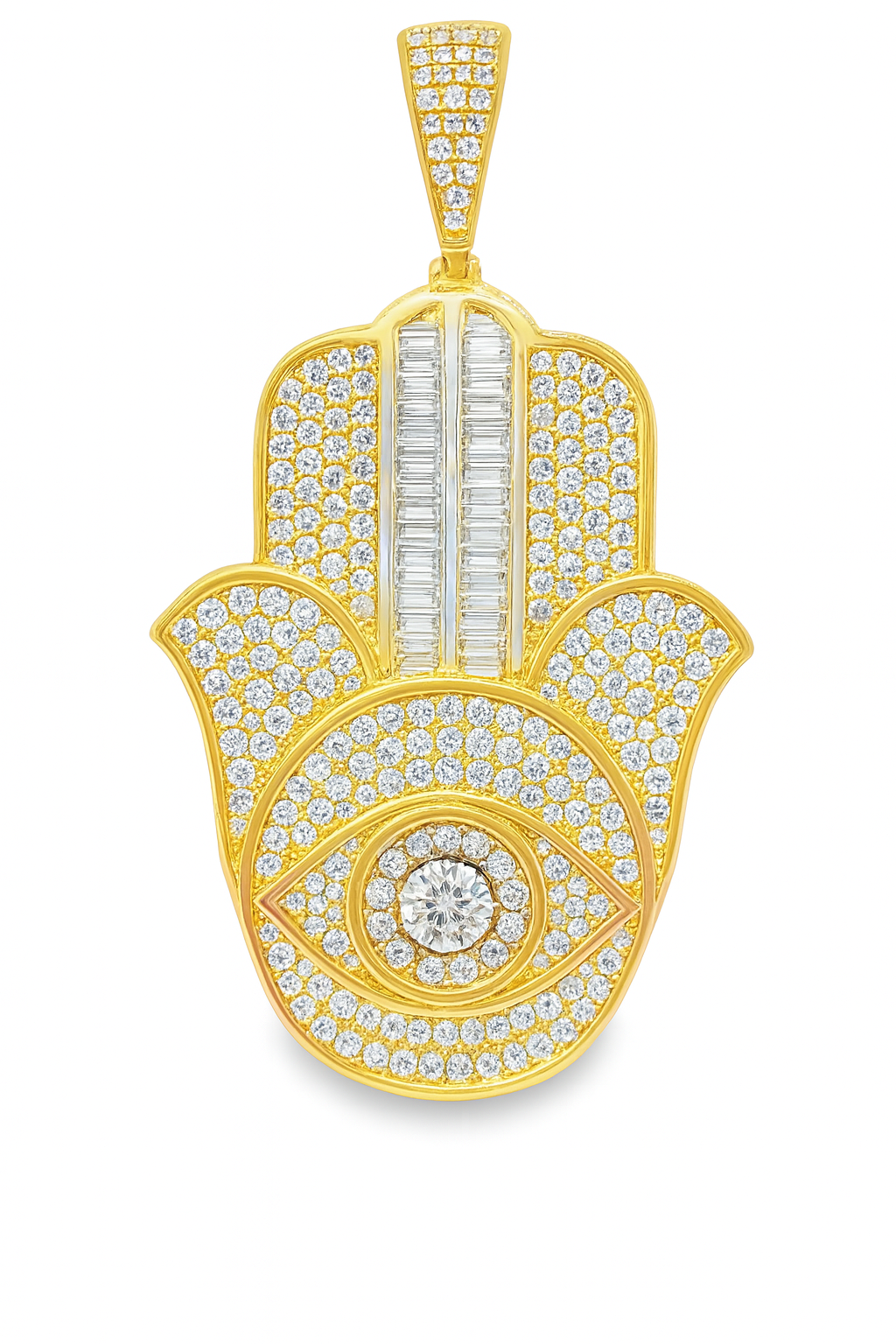 10K Yellow Gold Diamond Hamsa Hand Pendant 2.62 ctw | Round Brilliant & Baguette Diamonds