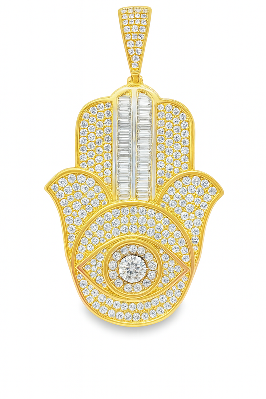10K Yellow Gold Diamond Hamsa Hand Pendant 2.62 ctw | Round Brilliant & Baguette Diamonds