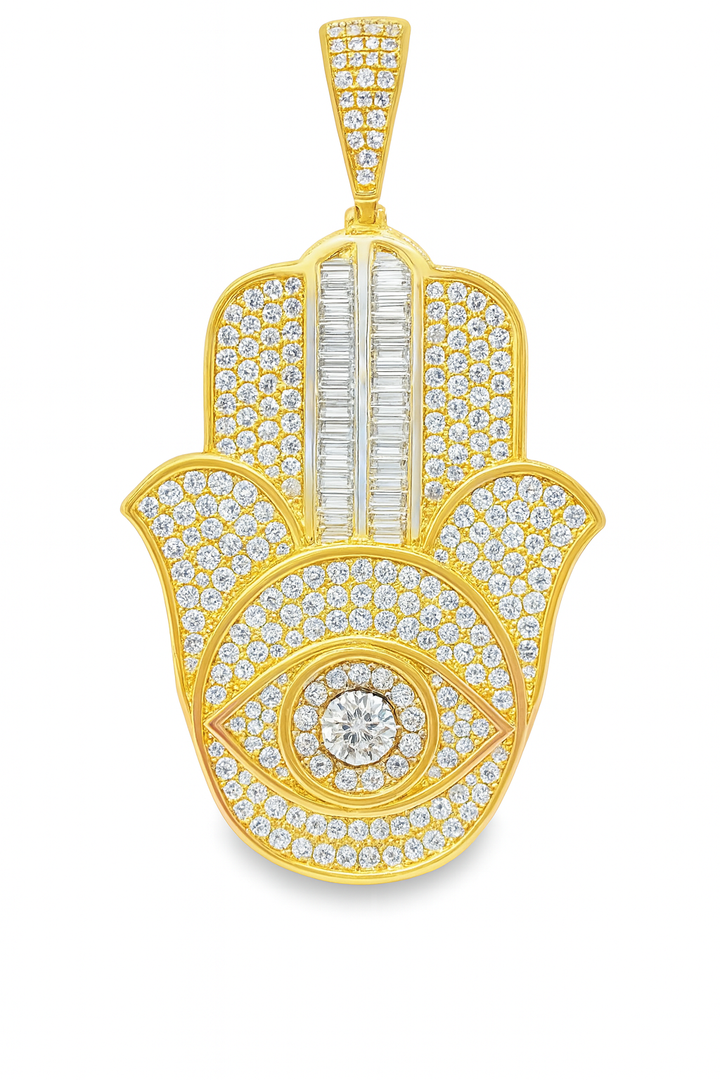 10K Yellow Gold Diamond Hamsa Hand Pendant 2.62 ctw | Round Brilliant & Baguette Diamonds