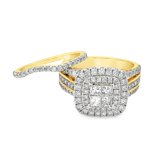 14K Gold Square Twin Halo Diamond Ring 1.73 ctw