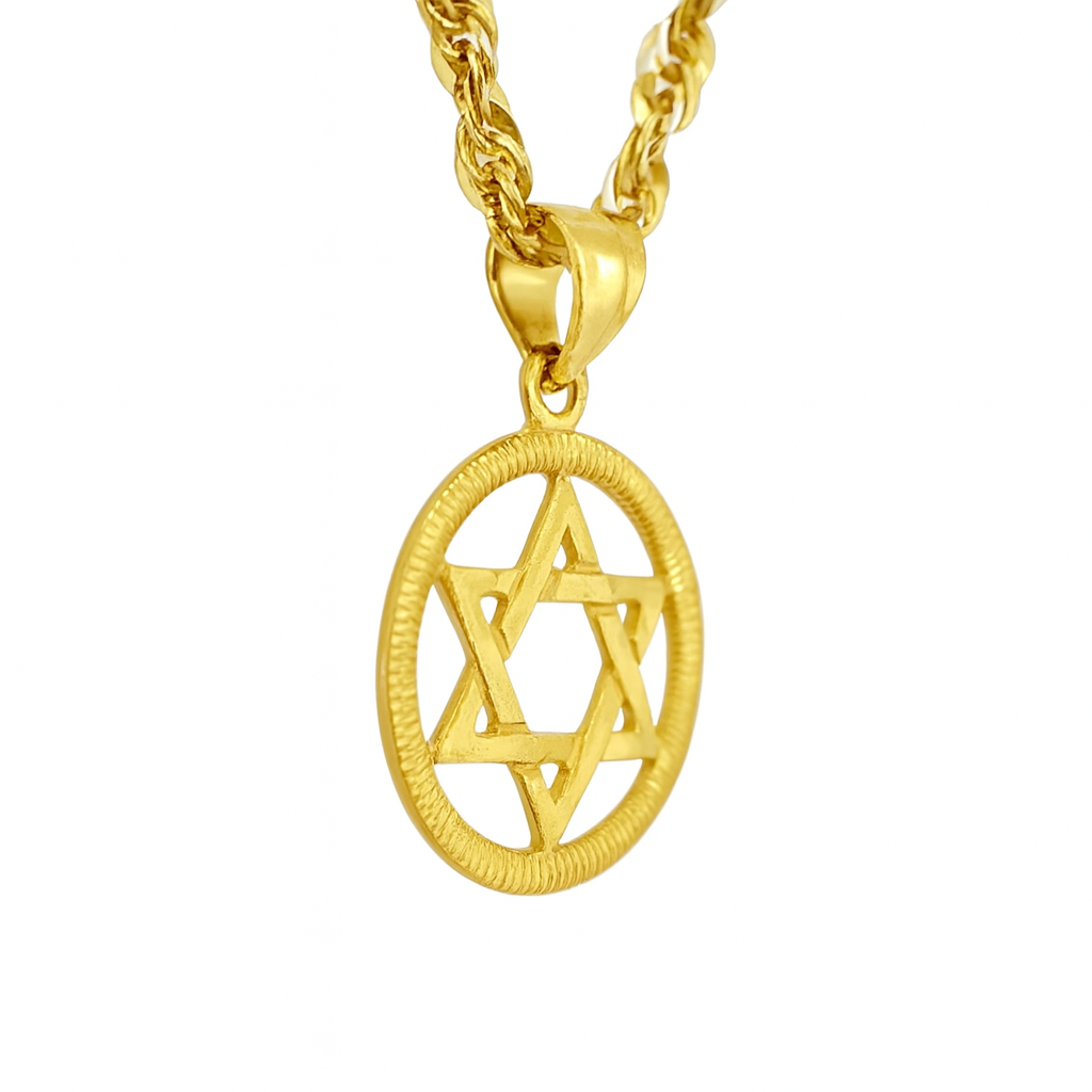 10K Yellow Gold Star of David Pendant Medallion w/ 20” Rope Chain Necklace