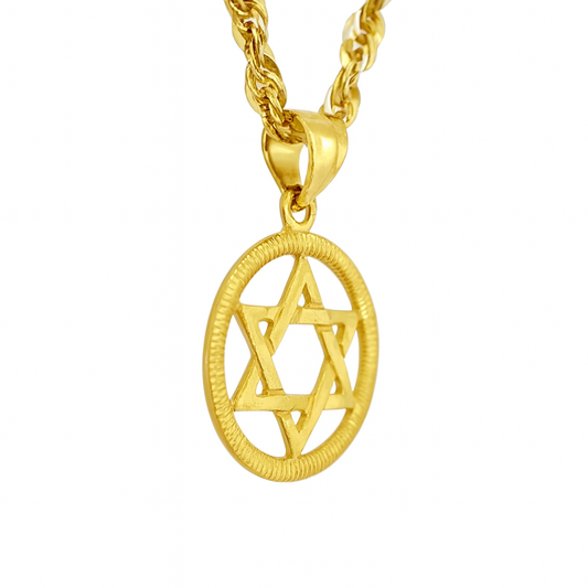 10K Yellow Gold Star of David Pendant Medallion w/ 20” Rope Chain Necklace