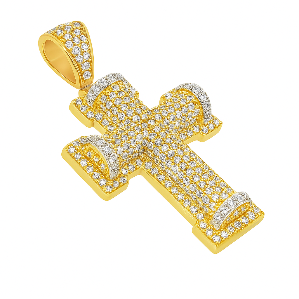 10K Yellow Gold Diamond Cross Pendant with Round Cut Diamonds 3.99 ctw