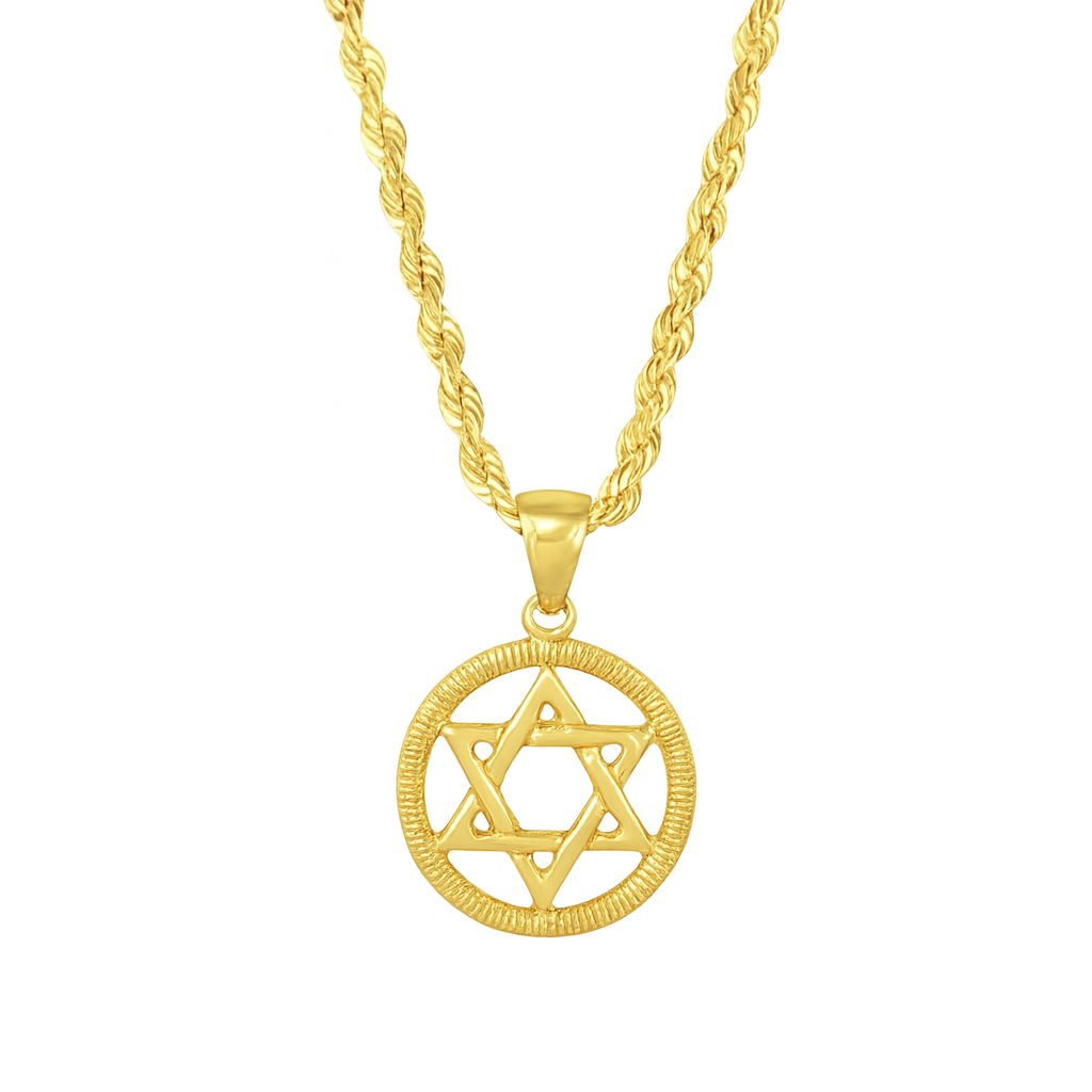 10K Yellow Gold Star of David Pendant Medallion w/ 20” Rope Chain Necklace
