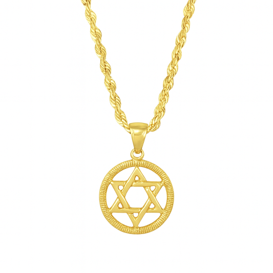 10K Yellow Gold Star of David Pendant Medallion w/ 20” Rope Chain Necklace