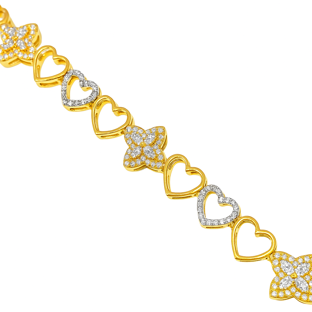 10K Yellow Gold Women’s Diamond Clover Heart Bracelet 0.95 ctw – Elegant 7" Design | Jewelry Palace