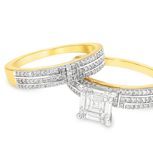 10K Yellow Gold Diamond Wedding Ring Trio Set with Baguette Diamond 0.85 ctw