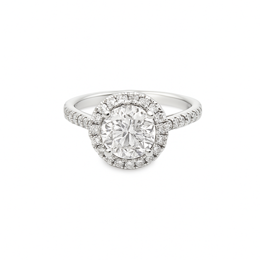 14K White Gold Diamond Halo Set Engagement Ring with Round Solitaire Center 1.06 ctw