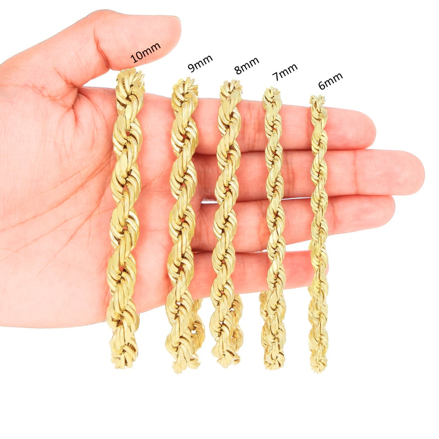 10K Yellow Gold Hollow Rope Chain & Bracelet – Diamond Cut | Multiple Lengths & Thicknesses (1.5 mm–10mm) | Jewelry Palace