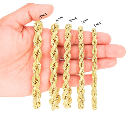 10K Yellow Gold SEMI-Hollow Rope Chain & Bracelet – Diamond Cut | Multiple Lengths & Thicknesses (1.5 mm–10mm) | Jewelry Palace