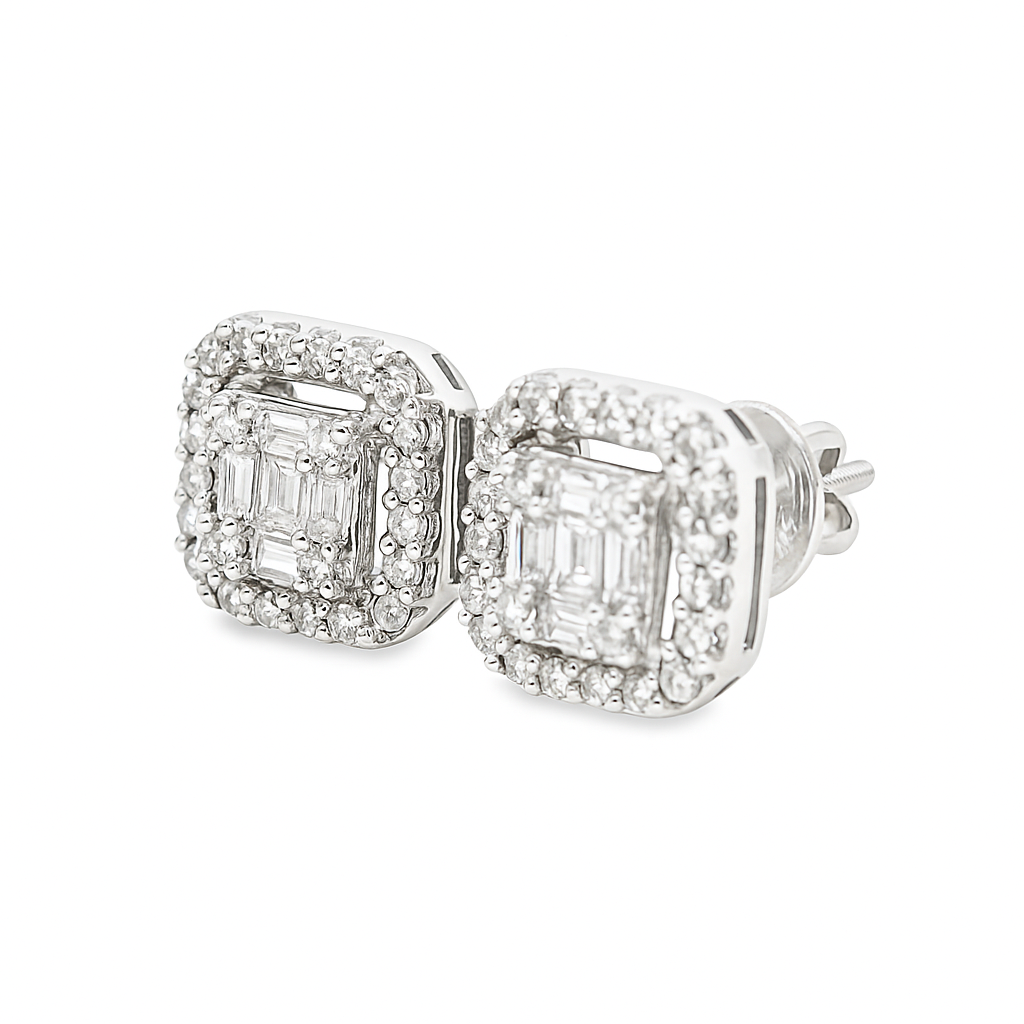 14K White Gold Emerald Cut Diamond Stud Earrings 0.25 ctw – Halo Design with Secure Screw Backs | Jewelry Palace Lithonia, GA