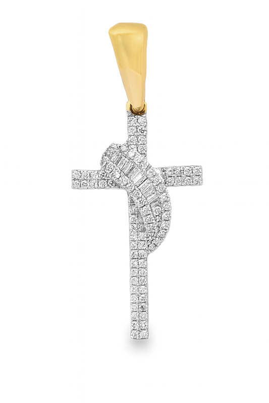 10K Yellow Gold Diamond Cross Pendant 0.25 ctw | Baguette & Round Cut Religious Charm