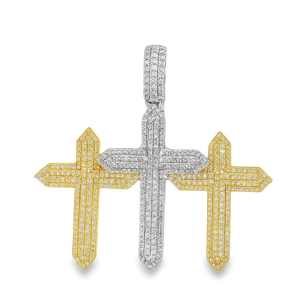 10K Yellow & White Gold Triple Cross Diamond Pendant 2.25 ctw Round Brilliant Cut | Men's Iced Out Faith Necklace