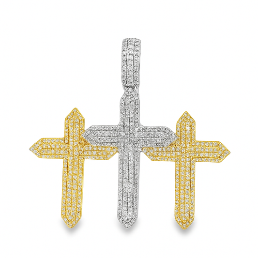 10K Yellow & White Gold Triple Cross Diamond Pendant 2.25 ctw Round Brilliant Cut | Men's Iced Out Faith Necklace