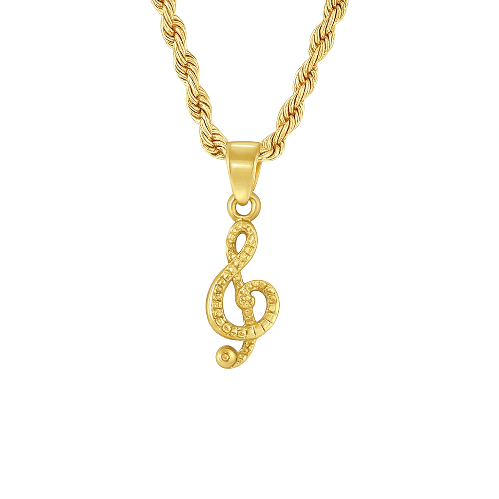 10K Yellow Gold Treble Clef Music Note Pendant w/ 20” Rope Chain Necklace
