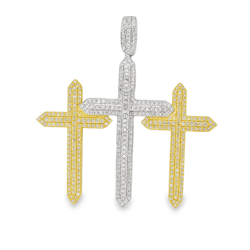 10K Yellow Gold Diamond Triple Cross Pendant 3.0 ctw | Round Cut Pave Set Iced-Out Pendant