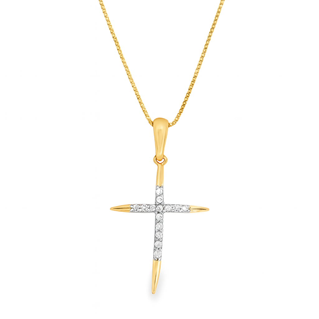10K Yellow Gold Diamond Cross Charm Necklace Petite Faith Pendant 0.10 CTW