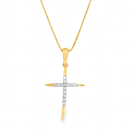 10K Yellow Gold Diamond Cross Charm Necklace Petite Faith Pendant 0.10 CTW