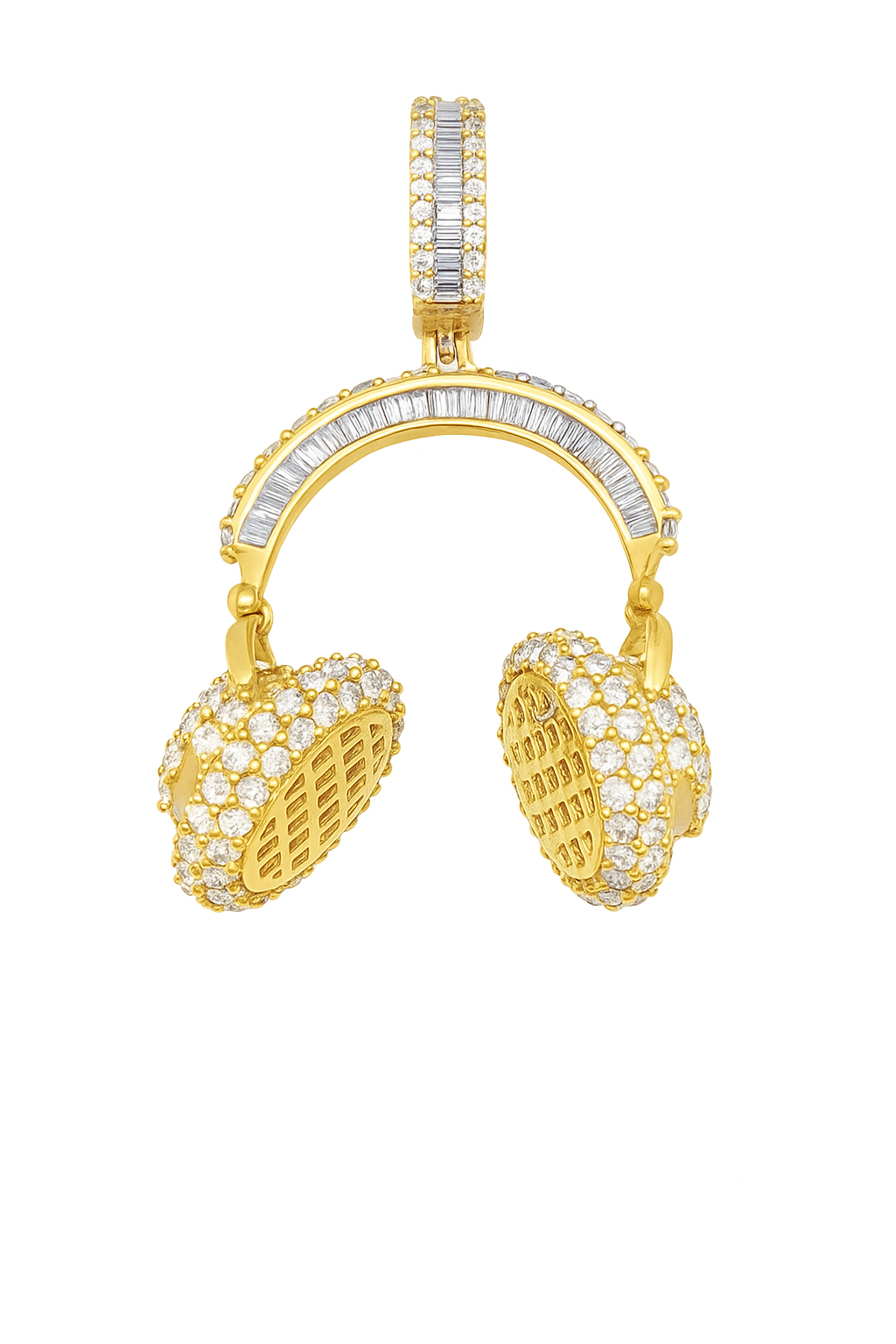 10K Yellow Gold Diamond Headphone Pendant 4.00 ctw | Baguette & Round Cut Iced-Out Charm