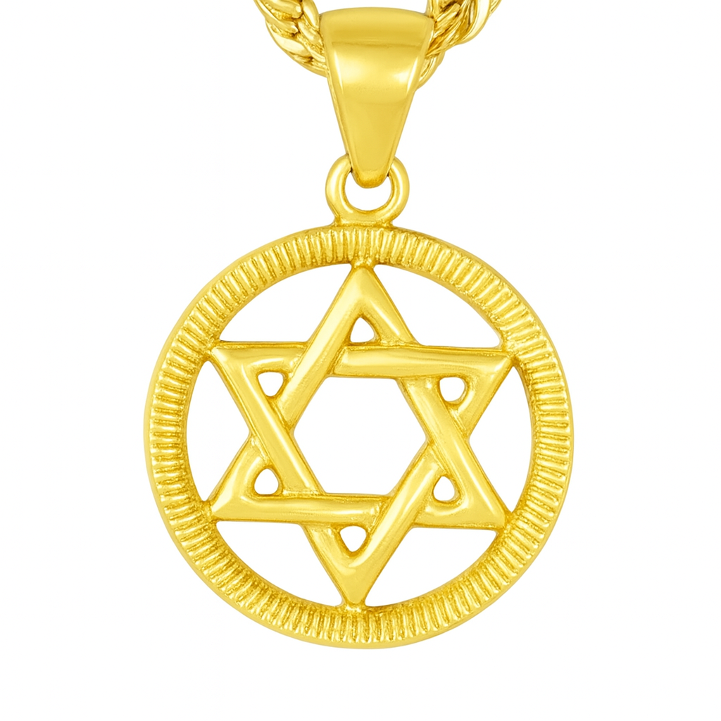 10K Yellow Gold Star of David Pendant Medallion w/ 20” Rope Chain Necklace