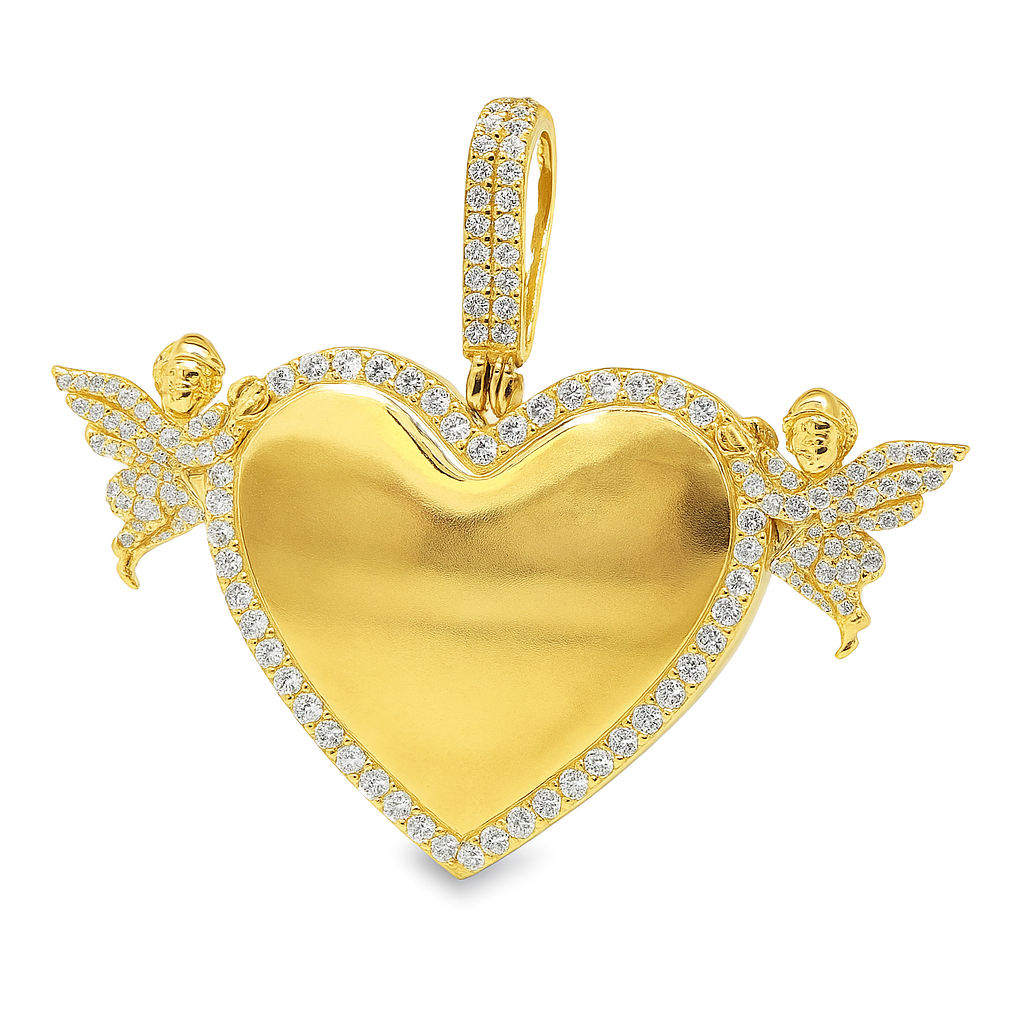 10K Yellow Gold Diamond Heart Double Angle One Row Memory Pendant 1.6 ctw