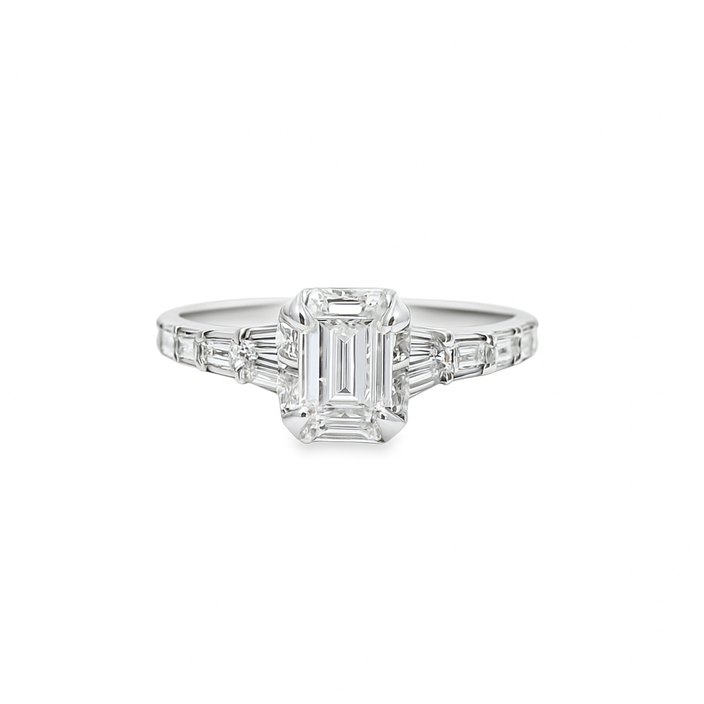 14K White Gold Diamond Ring with Emerald Soliatire Diamond 1.00 ctw Overall