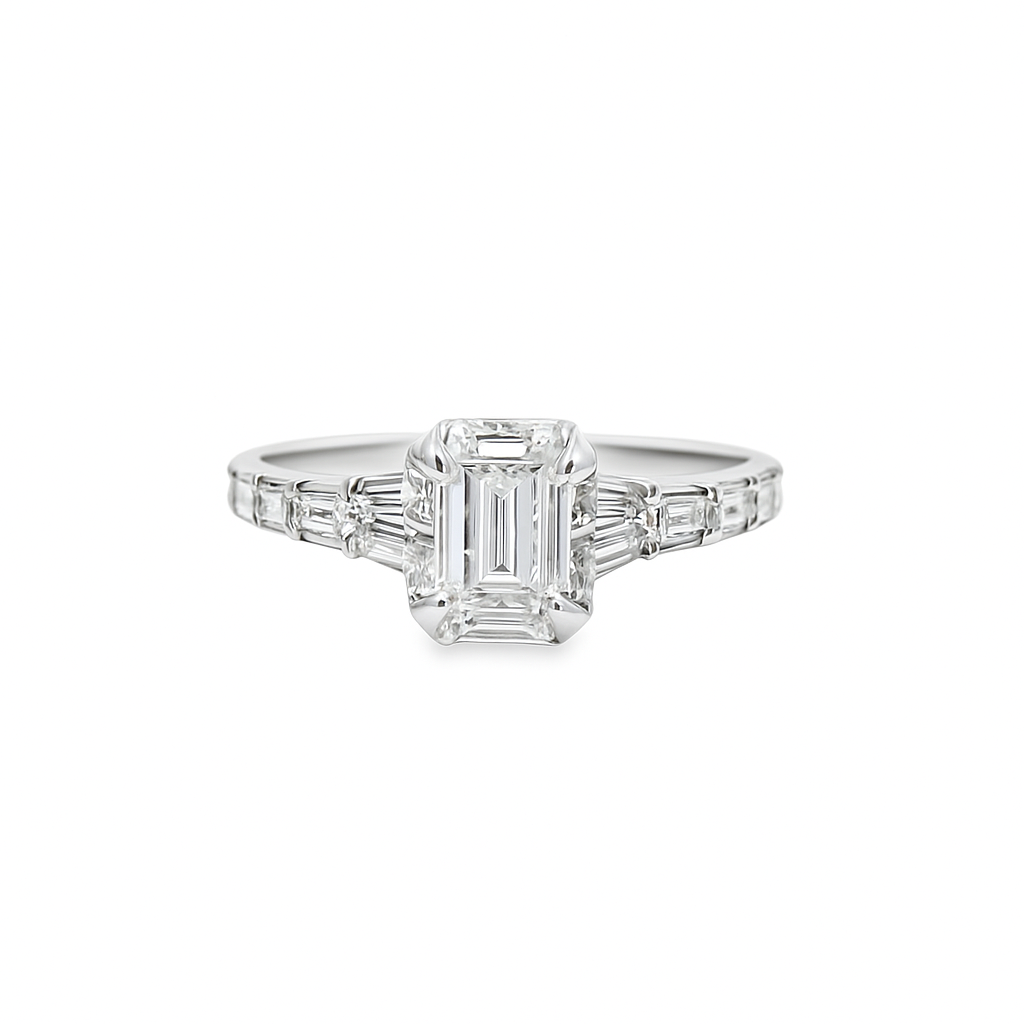 14K White Gold Diamond Ring with Emerald Soliatire Diamond 1.00 ctw Overall