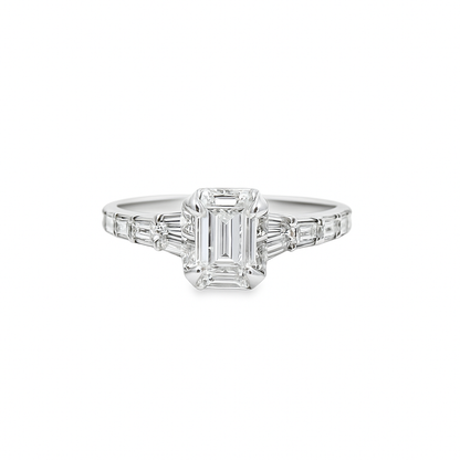 14K White Gold Diamond Ring with Emerald Soliatire Diamond 1.00 ctw Overall