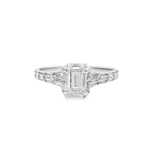 14K White Gold Diamond Ring with Emerald Soliatire Diamond 1.00 ctw Overall