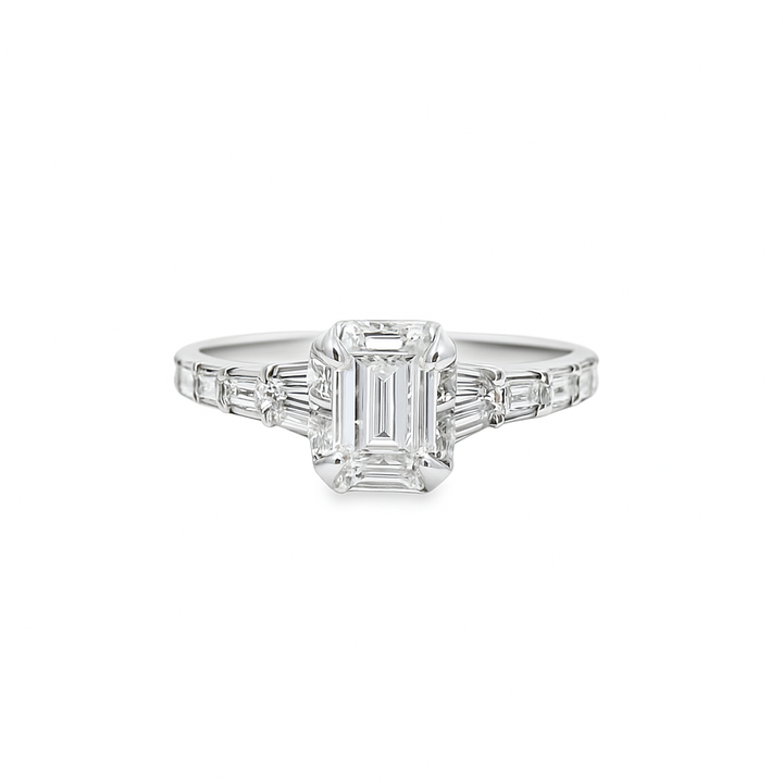 14K White Gold Diamond Ring with Emerald Soliatire Diamond 1.00 ctw Overall