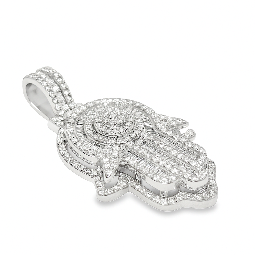 Double Layer Hamsa Hand Pendant 1.20 ctw Diamond 10K White Gold | Spiritual Protection Symbol | Jewelry Palace