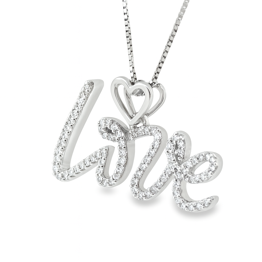 10K White Gold Diamond Love Charm Necklace Script Heart Pendant 0.28 CTW