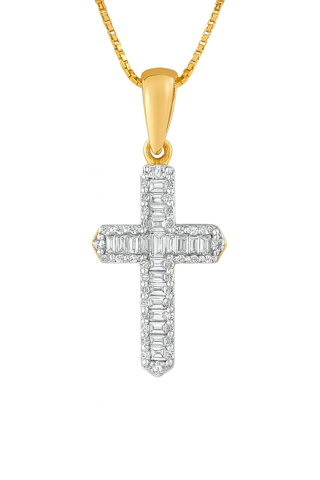 10K Yellow Gold Diamond Cross Pendant Baguette & Round Accents 0.38 CTW
