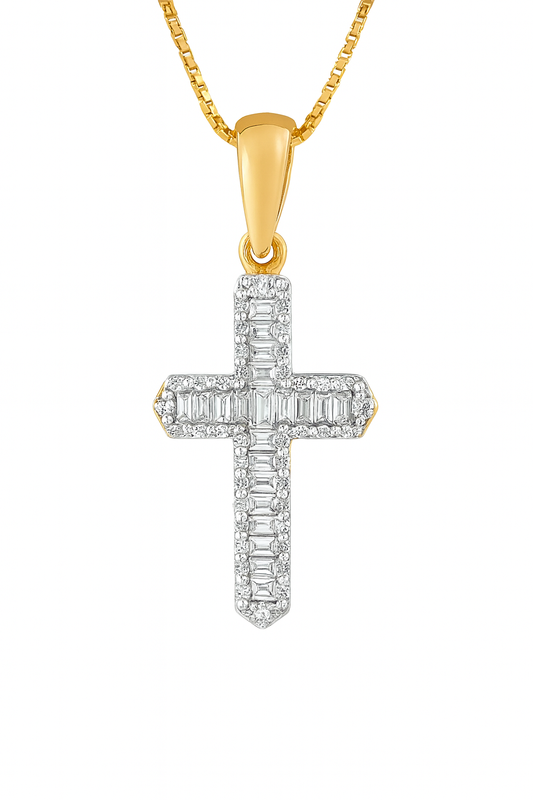 10K Yellow Gold Diamond Cross Pendant Baguette & Round Accents 0.38 CTW