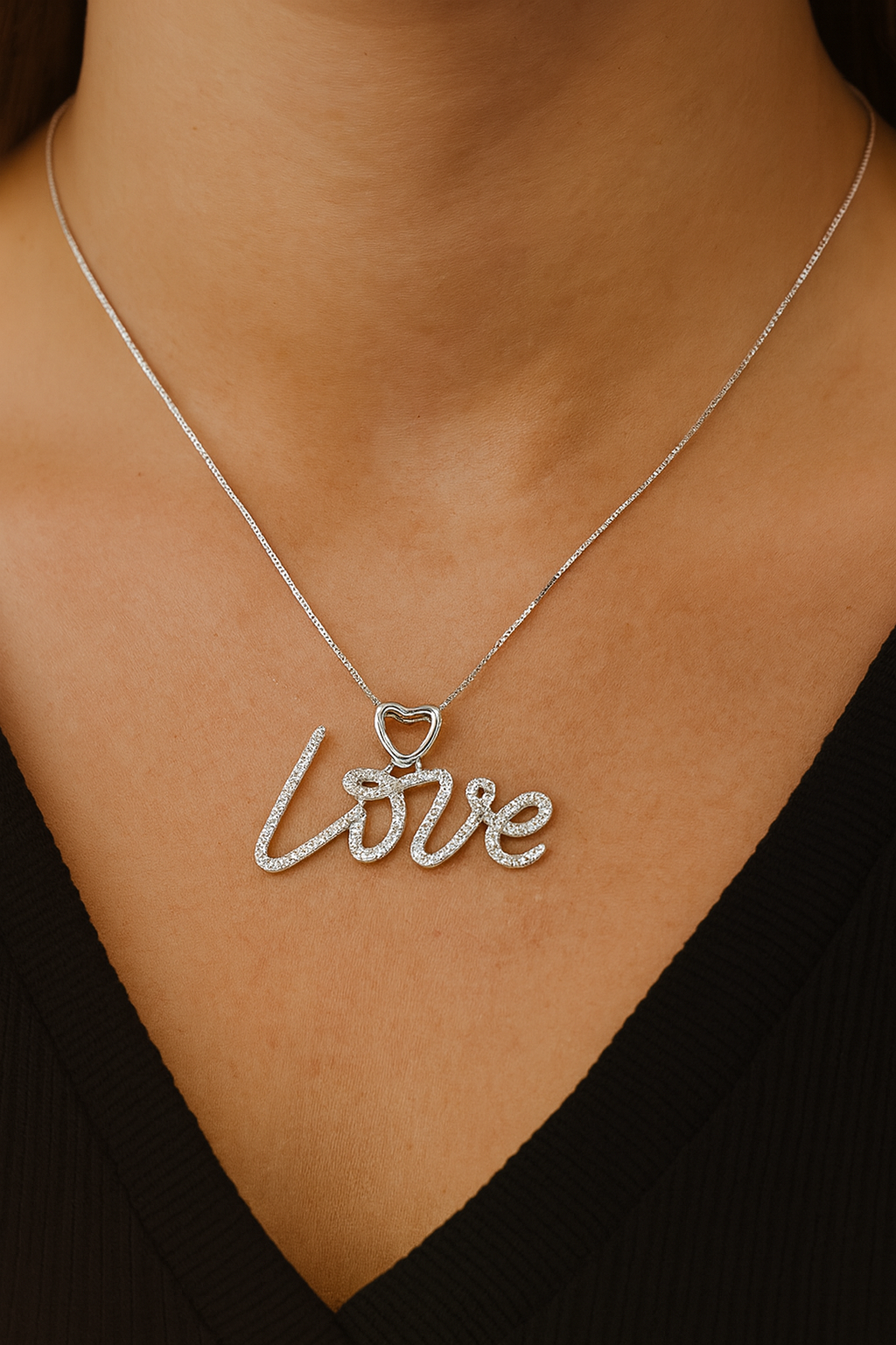10K White Gold Diamond Love Charm Necklace Script Heart Pendant 0.28 CTW