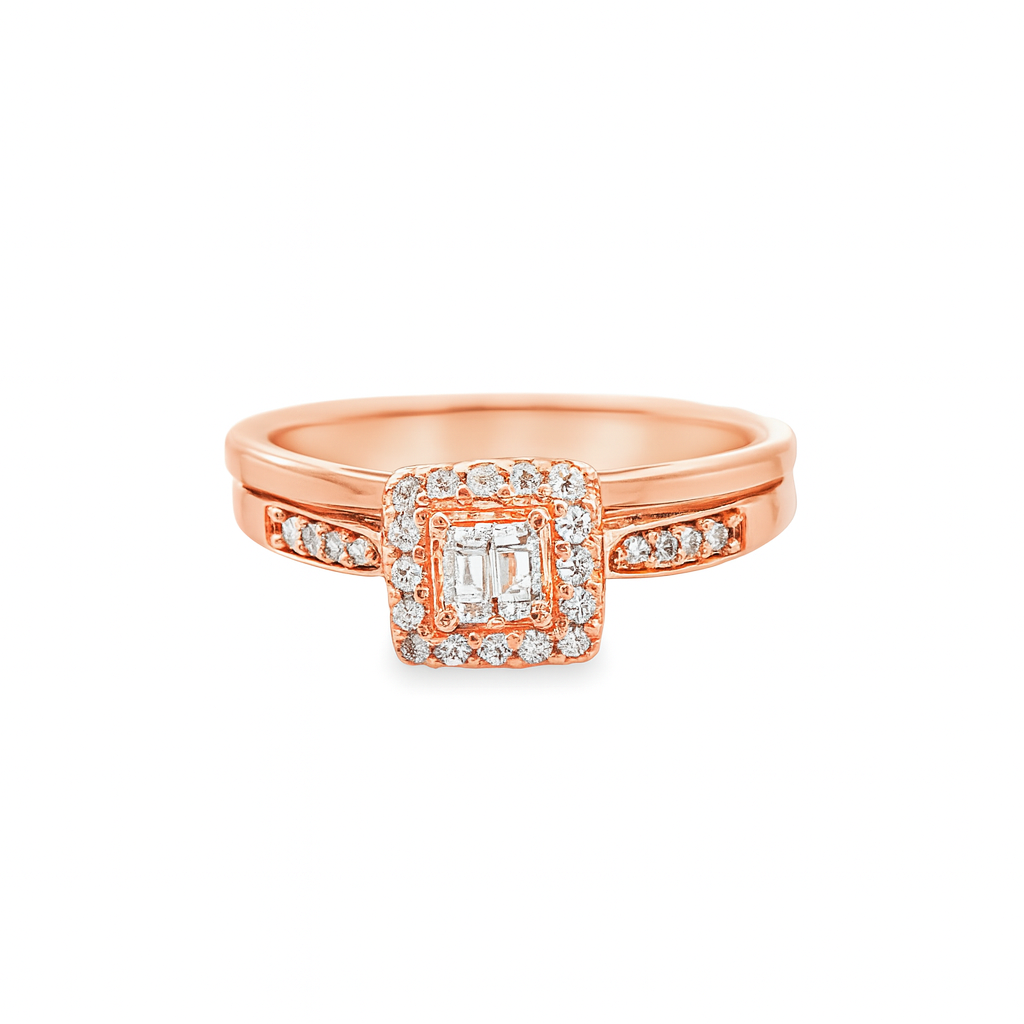 10K Rose Gold Diamond Halo Bridal Engagement Ring Petite Set 0.20 CTW