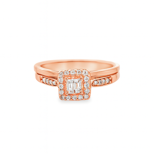 10K Rose Gold Diamond Halo Bridal Engagement Ring Petite Set 0.20 CTW