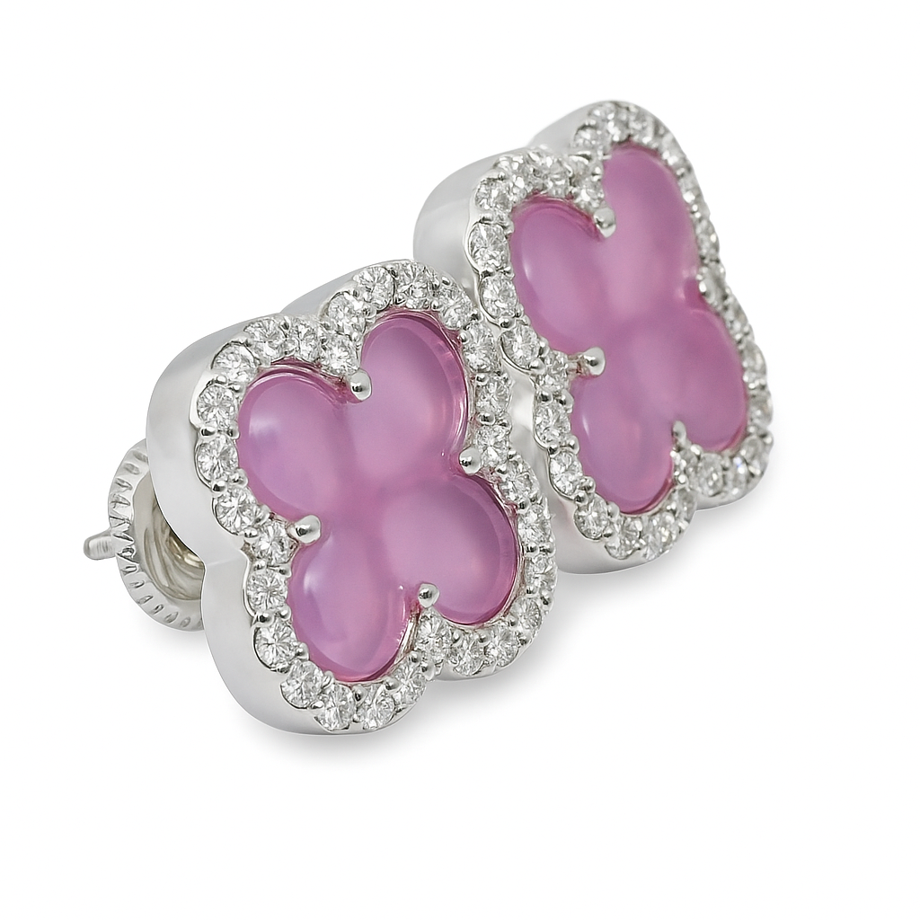10K White Gold Diamond Four-Leaf Clover Stud Earrings with Rose Quartz 0.75 CTW | Jewelry Palace